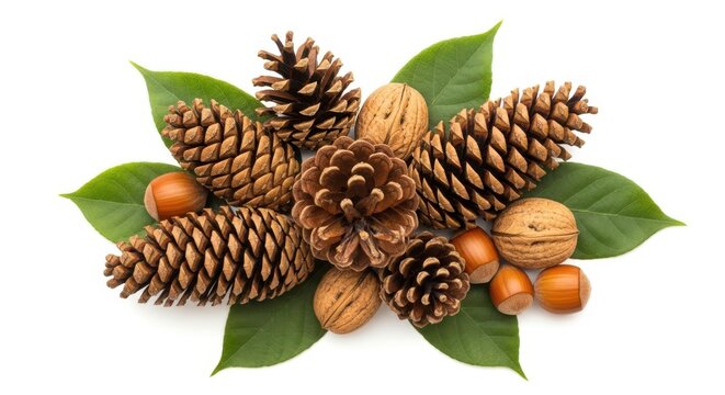 Assorted pine cones and nuts on green leaves