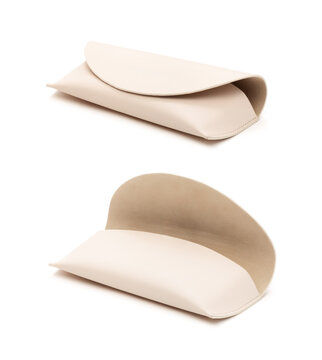 Beige leather eyeglasses case shown open and closed isolated on white background