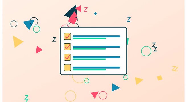 Animated checklist task completion with floating abstract geometric shapes animation