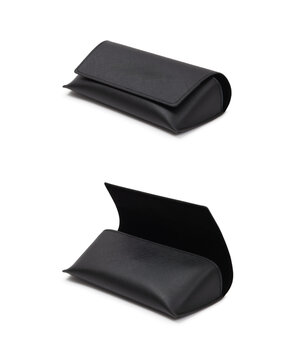 Black leather eyeglasses case shown open and closed isolated on white background