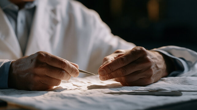 Close up of neuroscience researcher's hands threading fine electrode wire through precision guide during artificial synapse membrane assembly, tweezers and scalpel on sterile cloth, bright focused t