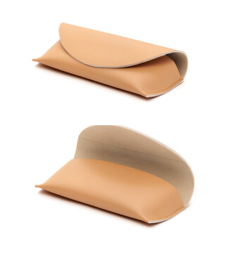 Tan leather eyeglasses case shown open and closed isolated on white background
