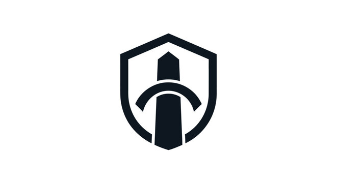 Shield logo with abstract symbol.