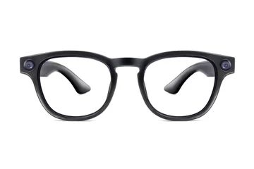 Front view of modern black smart glasses with integrated dual cameras isolated on white background © amedeoemaja