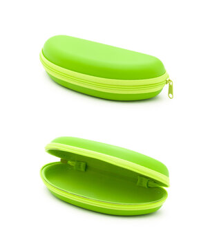 Bright lime green zipper eyeglasses case shown open and closed isolated on white background