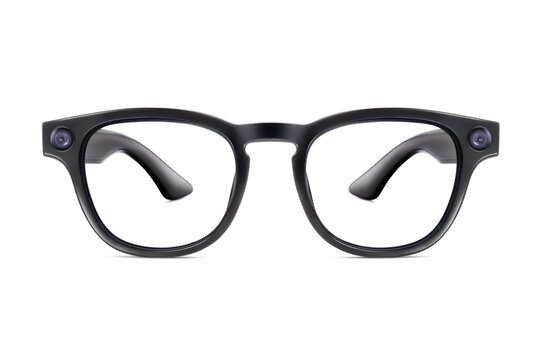 Front view of modern black smart glasses with integrated dual cameras isolated on white background