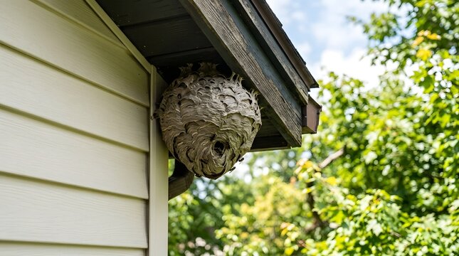 Wasp nest hanging beneath roof of house outdoors