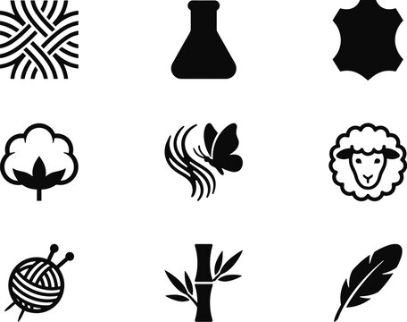 Black icons, textile, nature, and craft symbols, 9 elements, vector graphics