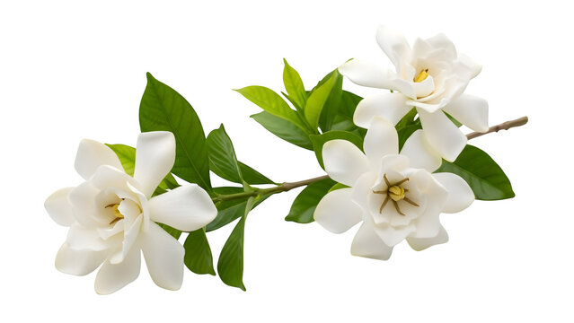 White gardenia flowers with green leaves on branch