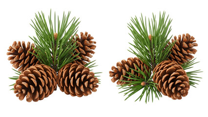 Fototapeta premium Pine cones with green needles on white background, nobody