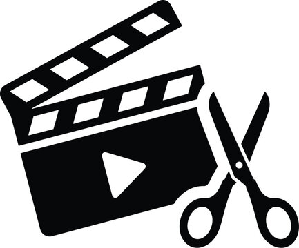 Video editing silhouette icon featuring film clapper and scissors for movie production and editing software