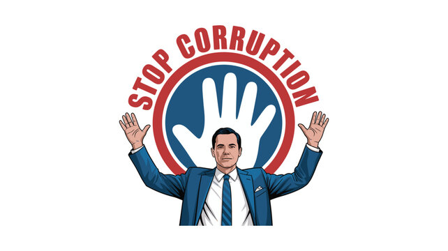 Man in suit holding stop corruption sign with red tape and globe background