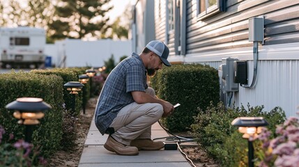 Fototapeta premium Municipal park supervisor checking electrical hookups on a modern mobile home surrounded by trimmed hedges and solar pathway lights shallow depth of field capturing authentic work.