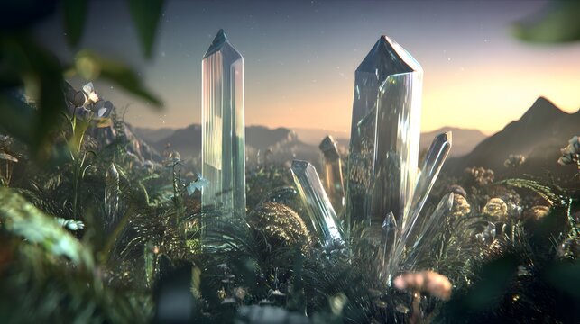 Crystalline Structures Emerge From Alien Meadow A Serene Futuristic Landscape Concept Design