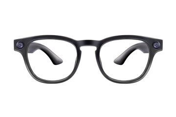 Front view of modern black smart glasses with integrated dual cameras isolated on white background © amedeoemaja