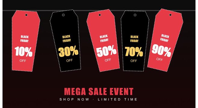 Animation black friday mega sale event hanging price tags with discount percentages