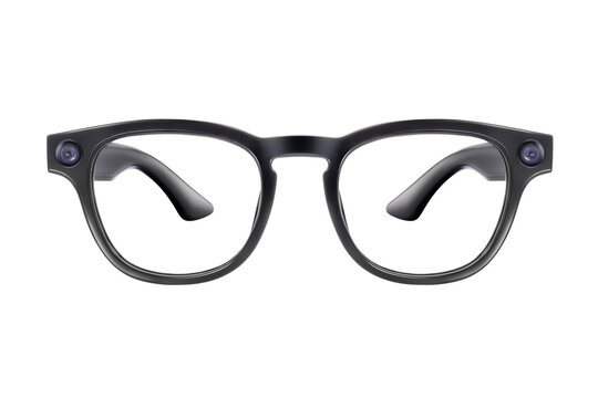 Front view of modern black smart glasses with integrated dual cameras isolated on white background