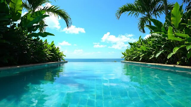 Turquoise infinity pool blending with the ocean on a sunny day