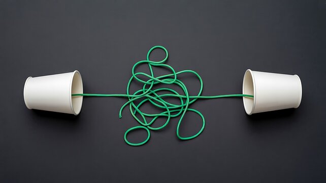 Communication problem concept with tangled cable connecting two paper cups