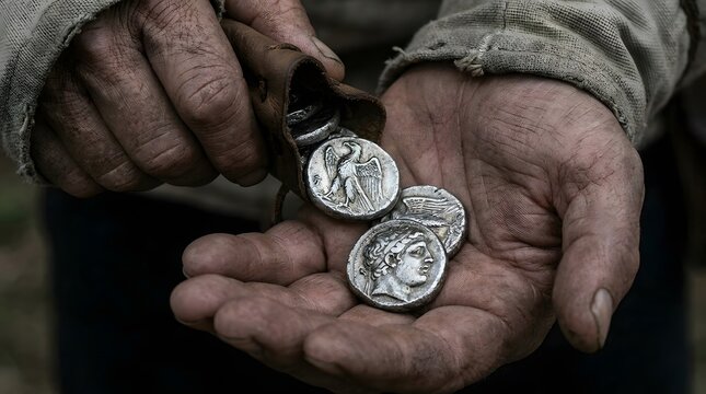 Man holding ancient silver coins poured from leather pouch. Historical treasure and currency. Concept of wealth, trade, antique money and archeology in medieval or ancient world.