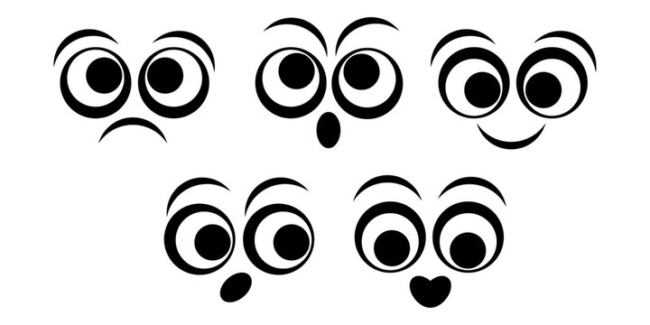 Cute kawaii eyes and cartoon facial expressions in black and white Y2K style for stickers, emojis, streaming graphics, social media and decorative design.