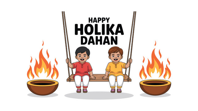 Two children celebrating holika dahan festival with bonfires and text girl