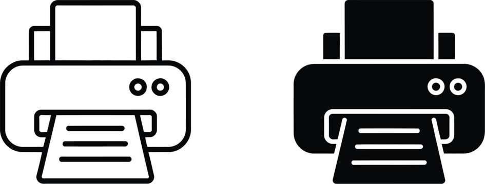 Printer icon set, black outline and filled printer symbols for technology office equipment and workspace graphics.