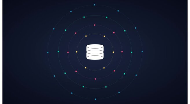 Data storage network animation with orbiting digital nodes and particles animation