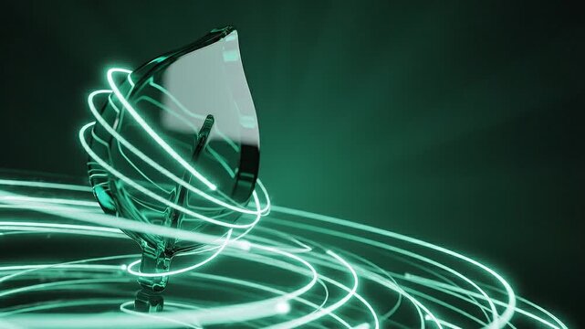 Digital currency neon light trails with glowing futuristic technology, virtual finance innovation featuring abstract glass spiral glowing and dynamic transparent effects
