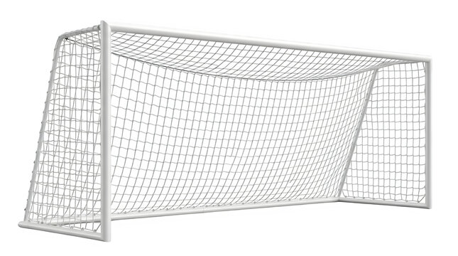 A white soccer goal with net on isolated transparent background for sports and football related concepts
