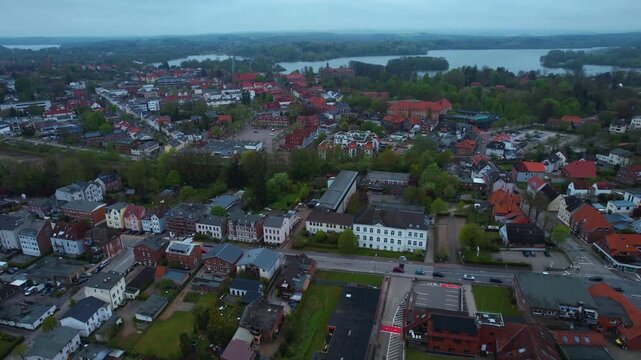 Aerial view around the old town of the city Eutin in North Germany on a cloudy spring day