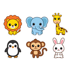 Fototapeta premium Cute collection of cartoon animals, including a lion, elephant, giraffe, penguin, monkey, and bunny, perfect for children's designs and educational materials