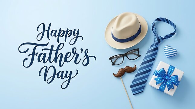 Happy Fathers Day celebration with hat tie mustache sunglasses and gift box