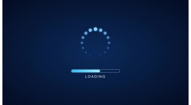 Digital loading bar progress animation with circular spinner on blue animation