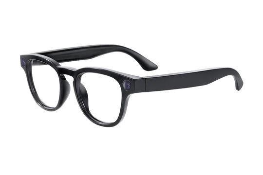 Three quarter view of modern black smart glasses with integrated cameras isolated on white background