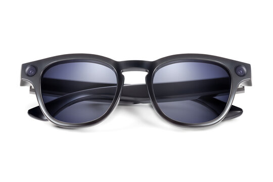 Front view of modern black smart sunglasses with blue lenses and integrated cameras isolated on white background