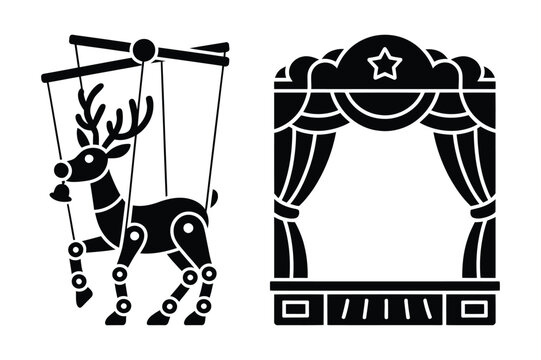 Reindeer puppet and puppet theater vector icons with reindeer, performance