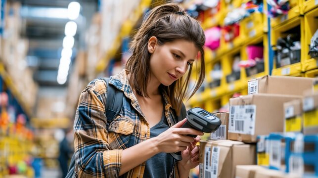 Female logistics technician uses handheld RFID scanner on stacked ecommerce parcels focusing on labels blurred background in bright fulfillment center aisle with colorcoded