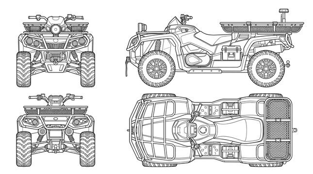 Rescue ATV vehicle technical drawing blueprint with front side back and top views CAD line art vector illustration