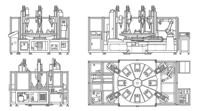 Rotary table machine technical drawing blueprint with front side back and top views CAD line art vector illustration