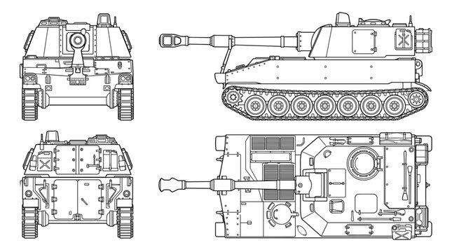 Self propelled howitzer vehicle technical drawing blueprint with front side back and top views CAD line art vector illustration