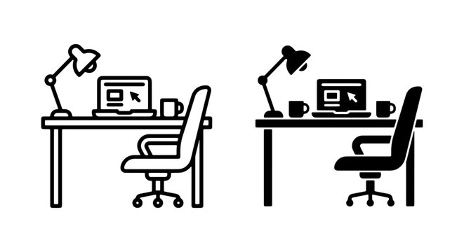 Modern Office Desk Setup, Laptop, Lamp, Chair, Coffee Mug Icons. Workspace Design Elements