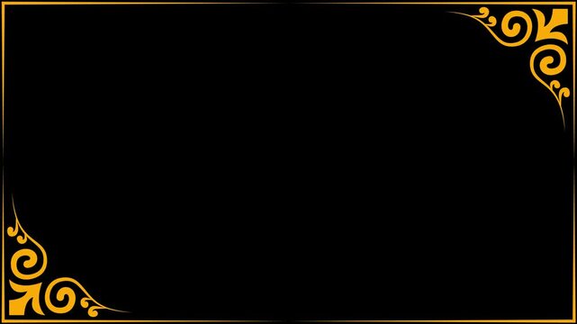 Elegant golden alpona corner frame with traditional floral swirls and luxury gold border on premium black background. 4k video