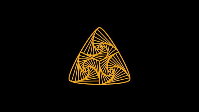 Abstract golden geometric triangle spiral loop, symmetrical triple vortex pattern animation with orange lines on dark background. 4k 25fps