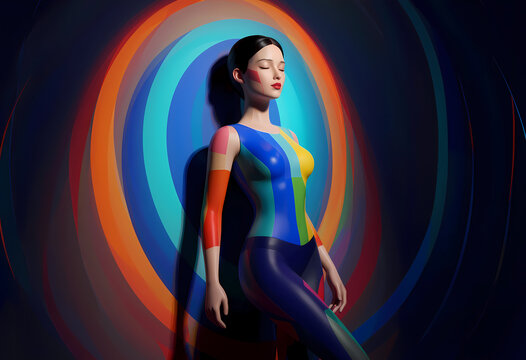 A woman in a colorful, form-fitting outfit poses with closed eyes against a swirling, abstract light.