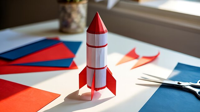 Creative paper rocket model on desk with startup innovation and business launch concept