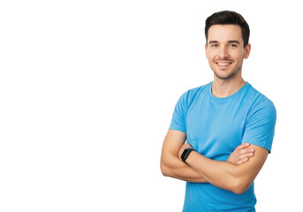 Fototapeta premium young caucasian man, mid-20s, short dark hair, blue t-shirt, fitness tracker, stands confidently with arms crossed, friendly smile, white studio background with copy space, concept for health and