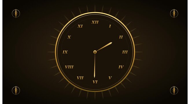 Golden luxury clock animation with roman numerals for timekeeping animation