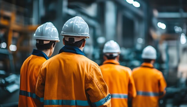 A group of workers in safety helmets and orange uniforms walk through an industrial facility, showcasing teamwork and diligence in a production environment.