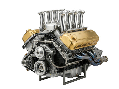 High performance v8 car engine isolated on transparent background